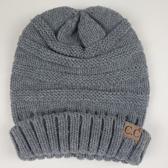 CC Beanie Slouchy Cable Knit Oversized Fold Cuff Hat Cap Grey - Picture 1 of 5
